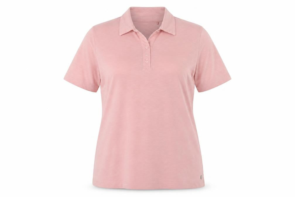 Front view of PENNY PLAIN women’s pink polyester basic polo, size UK 14, collared