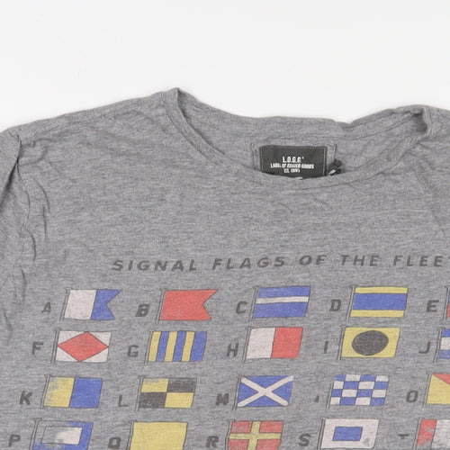 H&M Mens Grey Cotton T-Shirt Size L Crew Neck - Signal flags of the fleet