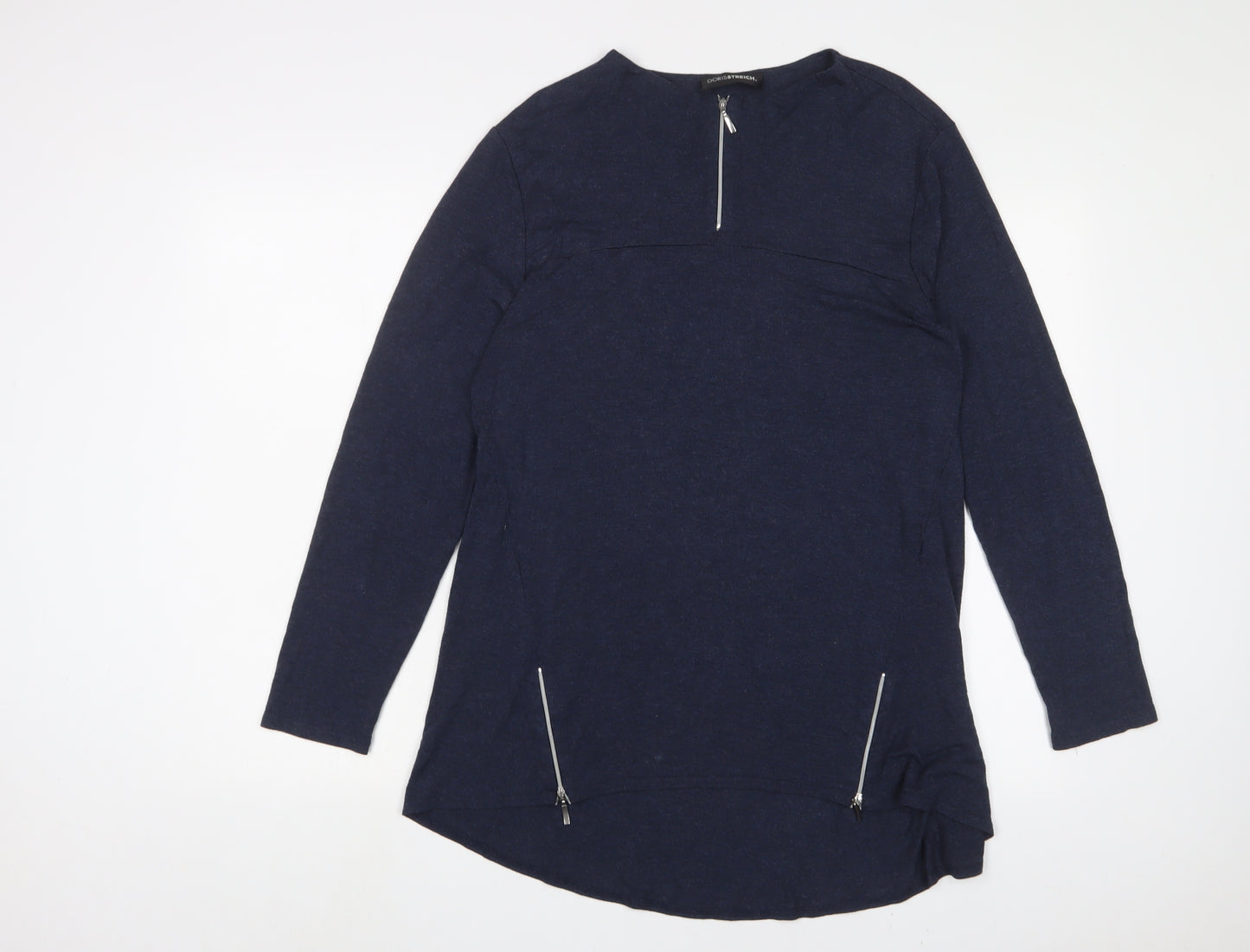 Doris Streich. Womens Blue Viscose Tunic T-Shirt Size 12 Crew Neck - Zips