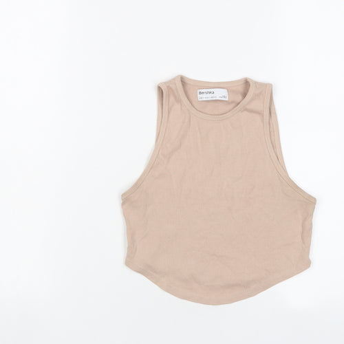 Bershka Womens Beige Cotton Cropped Tank Size S Crew Neck