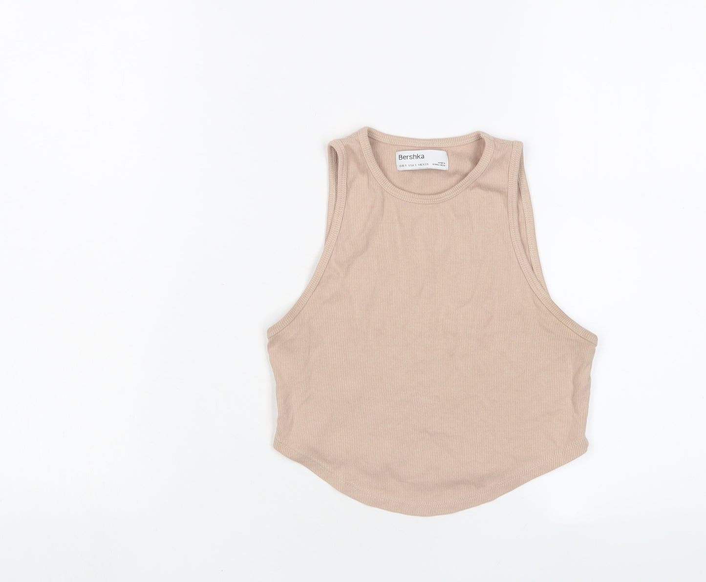 Bershka Womens Beige Cotton Cropped Tank Size S Crew Neck