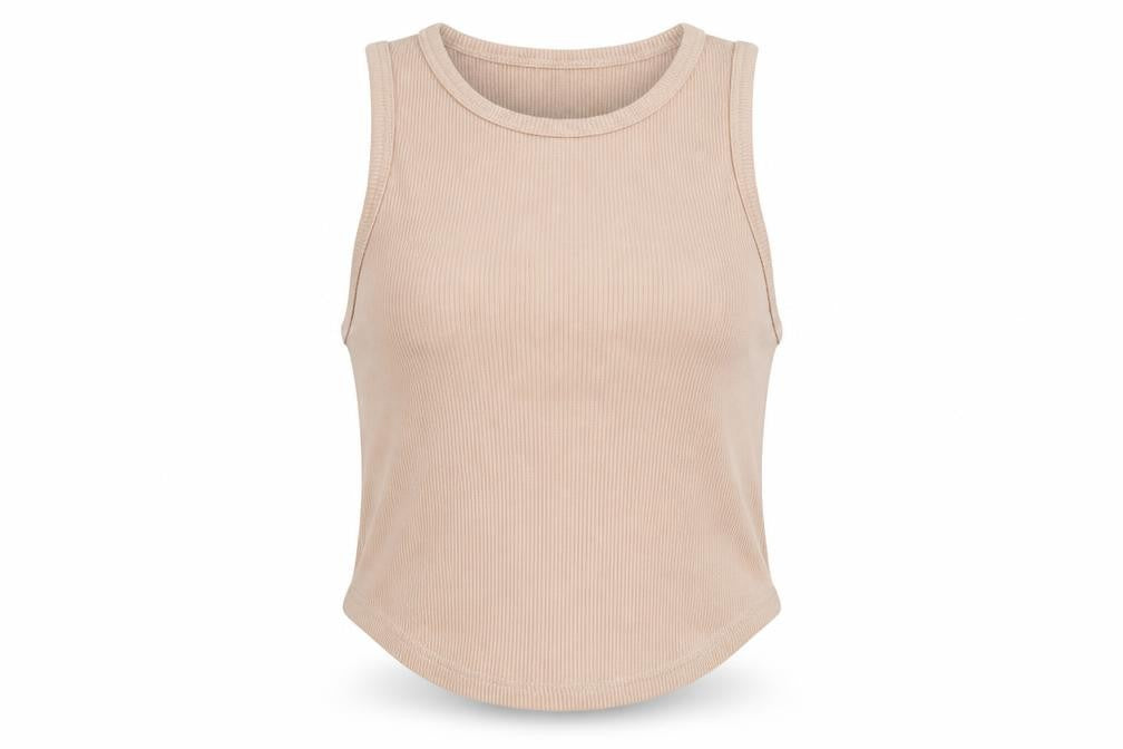 Bershka Womens Beige Cotton Cropped Tank Size S Crew Neck