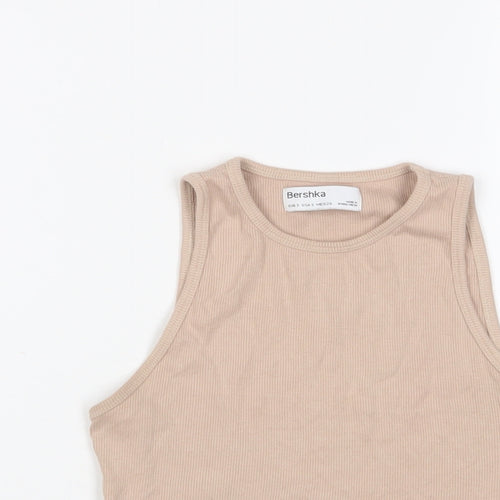 Bershka Womens Beige Cotton Cropped Tank Size S Crew Neck