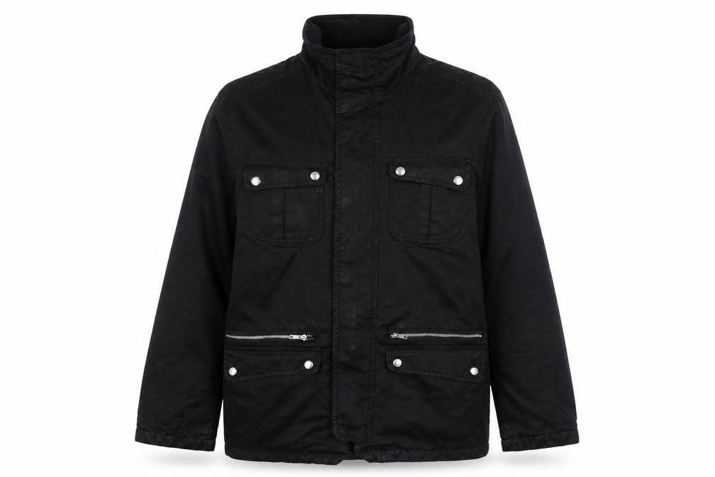 Front view of H&M men’s black jacket, size L, zip - zip pockets