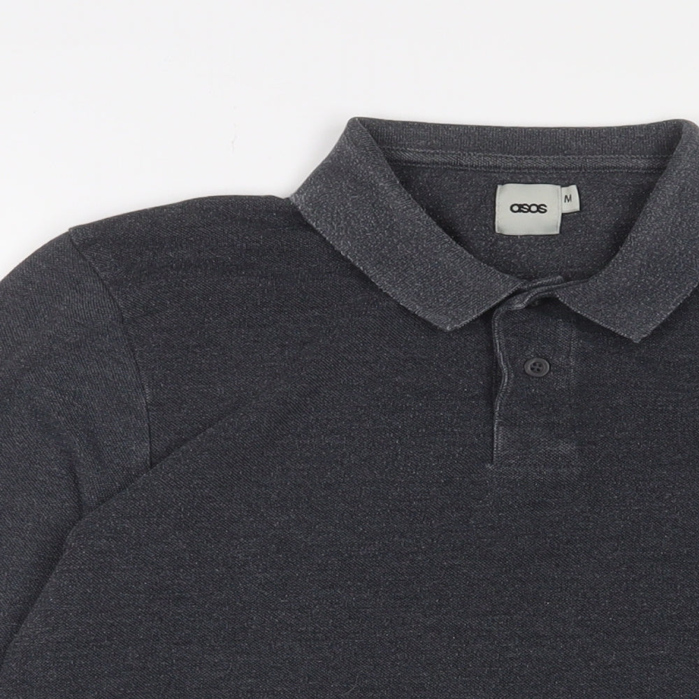 ASOS Mens Grey Cotton Polo Size M Collared Button - Logo, Embroidered