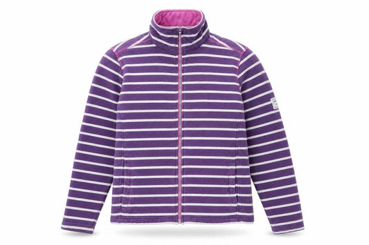 Front view of Lazy Jacks women’s purple striped cotton full zip sweatshirt, size S, zip - logo, embroidered