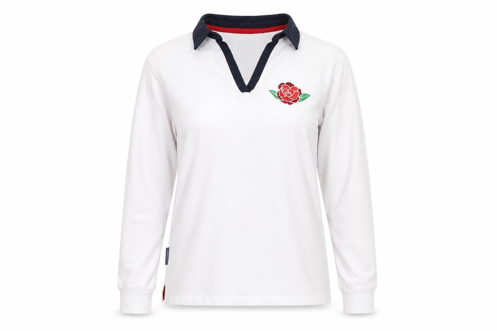 Front view of England women’s white cotton basic polo, size UK 14, collared - logo, embroidered
