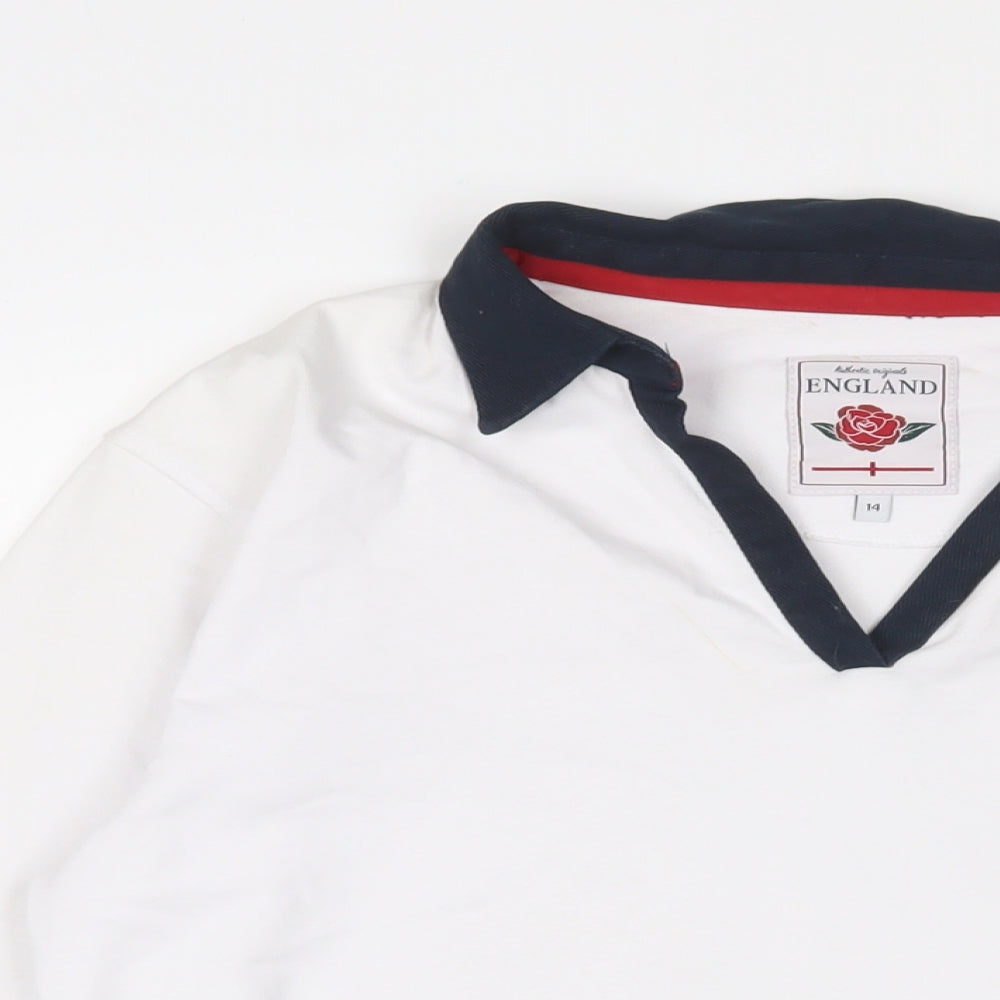 England Womens White Cotton Basic Polo Size 14 Collared - Logo, Embroidered