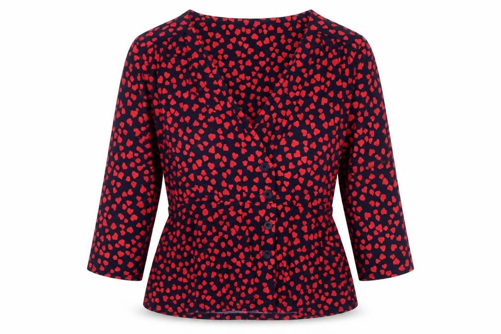 Front view of Oasis women’s blue geometric polyester basic button-up, size L, v-neck - hearts