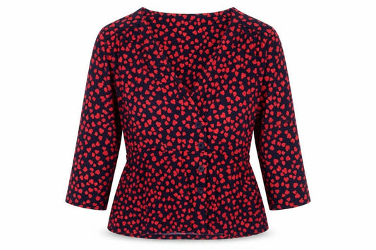 Front view of Oasis women’s blue geometric polyester basic button-up, size L, v-neck - hearts