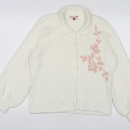 Joe Browns Womens White Collared Floral Polyamide Cardigan Jumper Size 16 - Embroidered, Beaded