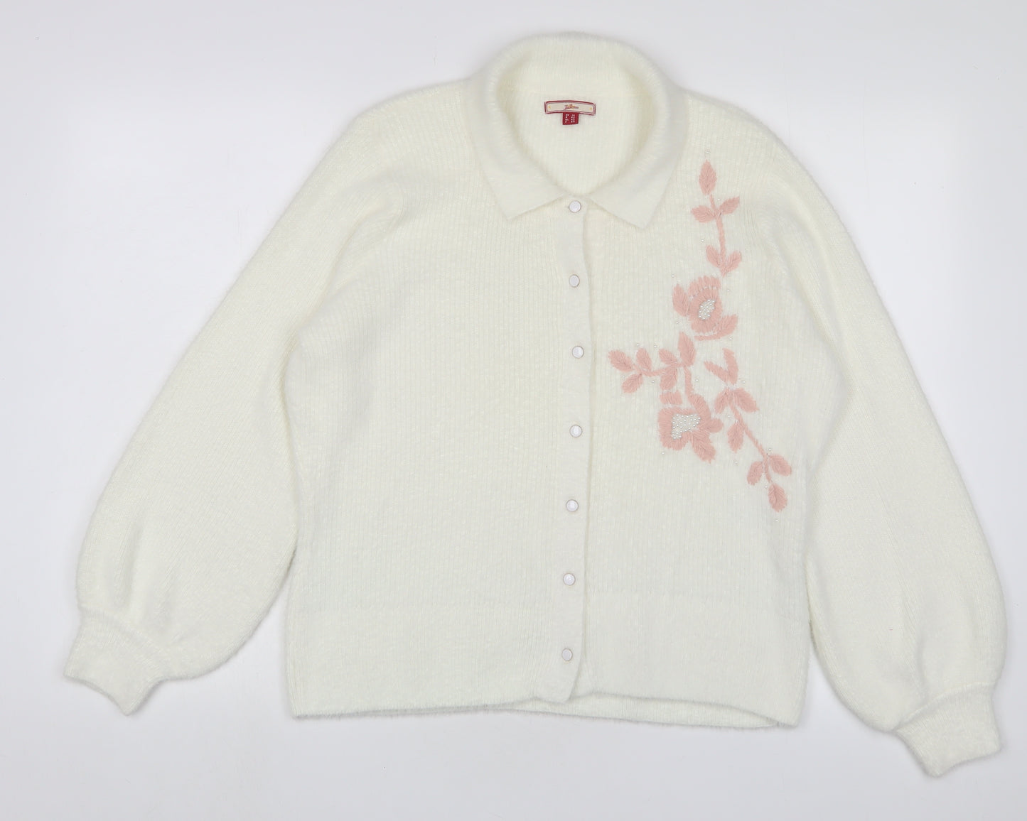 Joe Browns Womens White Collared Floral Polyamide Cardigan Jumper Size 16 - Embroidered, Beaded