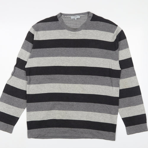 Farhi Mens Grey Crew Neck Striped Cotton Pullover Jumper Size L Long Sleeve