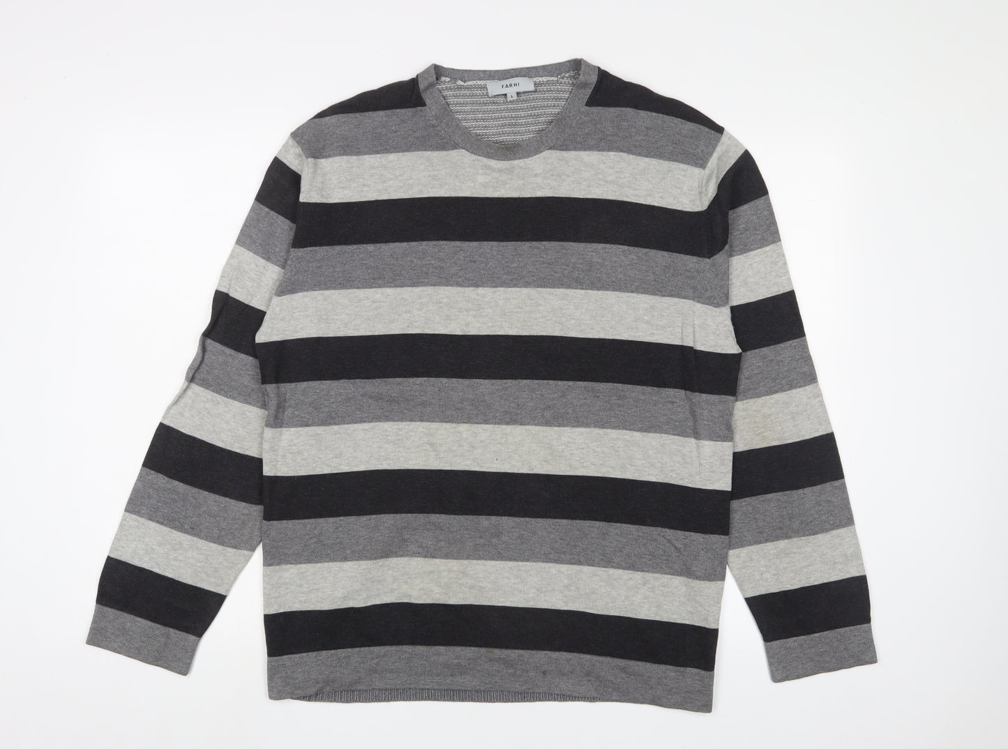 Farhi Mens Grey Crew Neck Striped Cotton Pullover Jumper Size L Long Sleeve