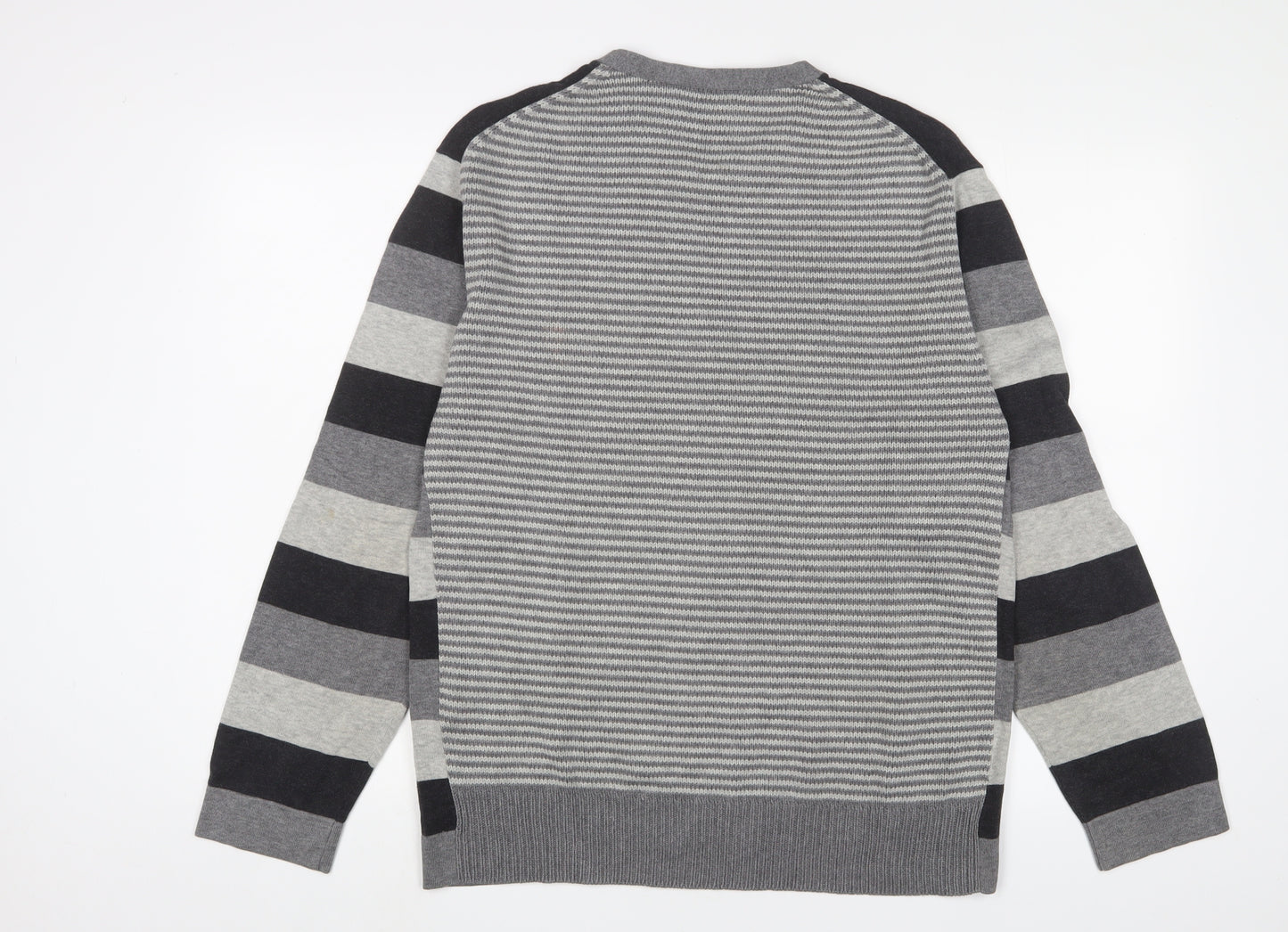 Farhi Mens Grey Crew Neck Striped Cotton Pullover Jumper Size L Long Sleeve