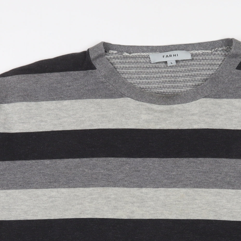 Farhi Mens Grey Crew Neck Striped Cotton Pullover Jumper Size L Long Sleeve