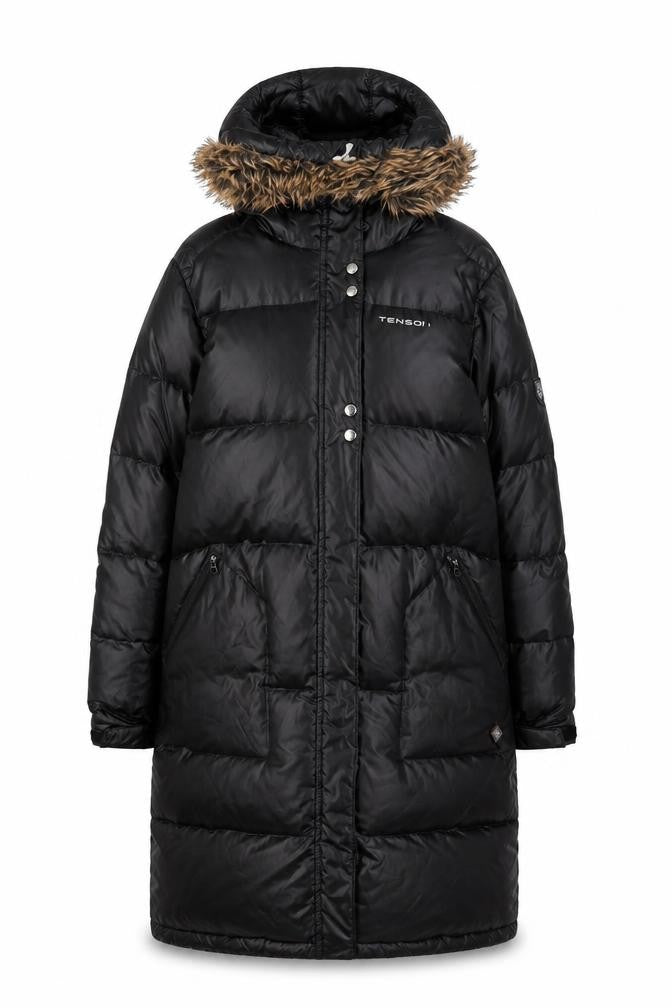 Front view of Tension women’s black quilted coat, size UK 10, zip - logo