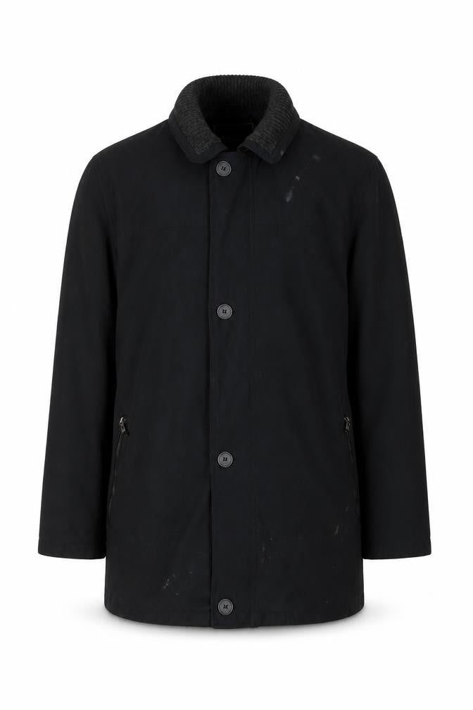 Front view of Paul Berman men’s black jacket coat, size L, zip