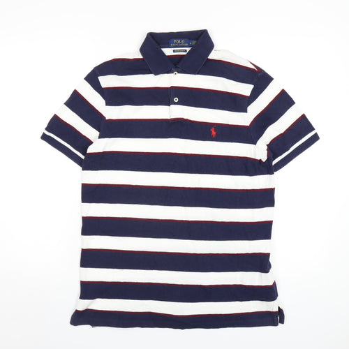 Polo Ralph Lauren Mens Blue Striped Cotton Polo Size M Collared Button