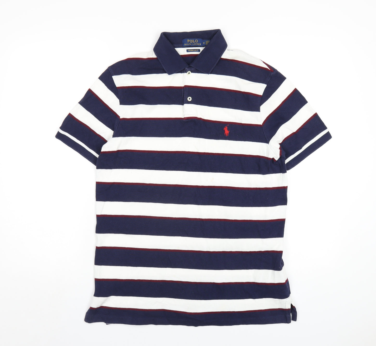 Polo Ralph Lauren Mens Blue Striped Cotton Polo Size M Collared Button