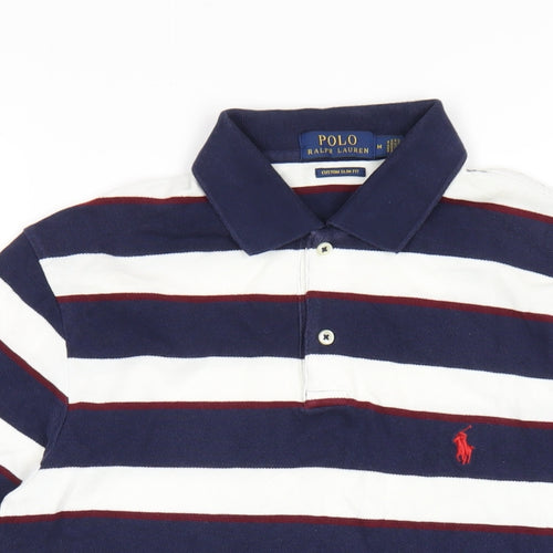 Polo Ralph Lauren Mens Blue Striped Cotton Polo Size M Collared Button