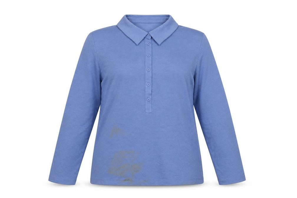Front view of Autograph women’s blue wool basic polo, size UK 14, collared