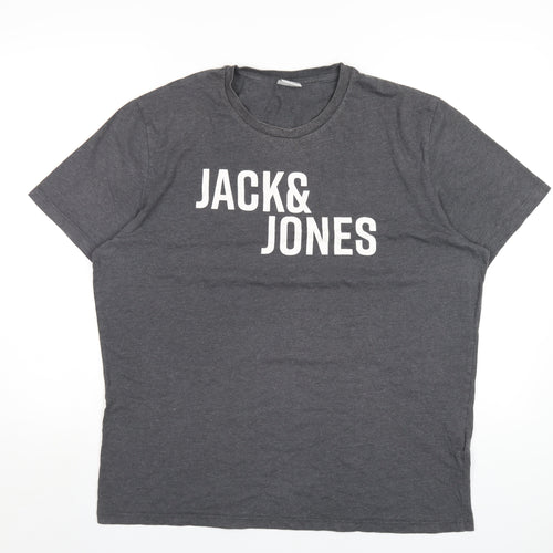 JACK & JONES Mens Grey Cotton T-Shirt Size XL Round Neck