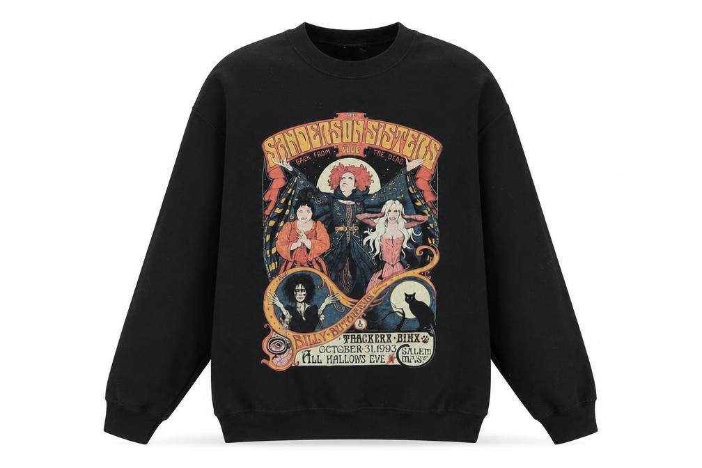 Front view of Hocus Pocus women’s black cotton pullover sweatshirt, size M, pullover - the sanderson sisters