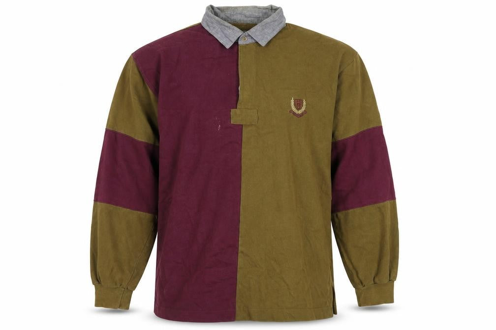 Front view of C.F.Hathaway men’s green cotton polo, size M, collared button