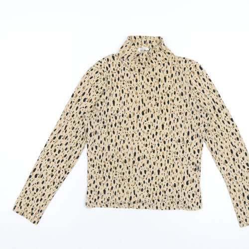 Monki Womens Beige Geometric Cotton Basic T-Shirt Size S Mock Neck