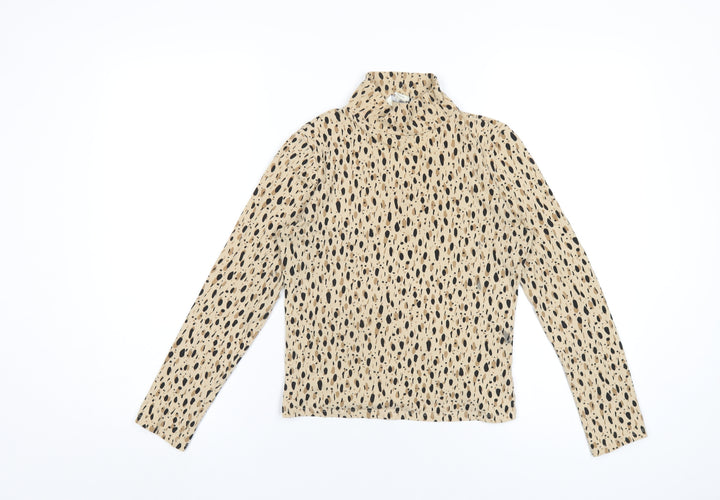 Monki Womens Beige Geometric Cotton Basic T-Shirt Size S Mock Neck