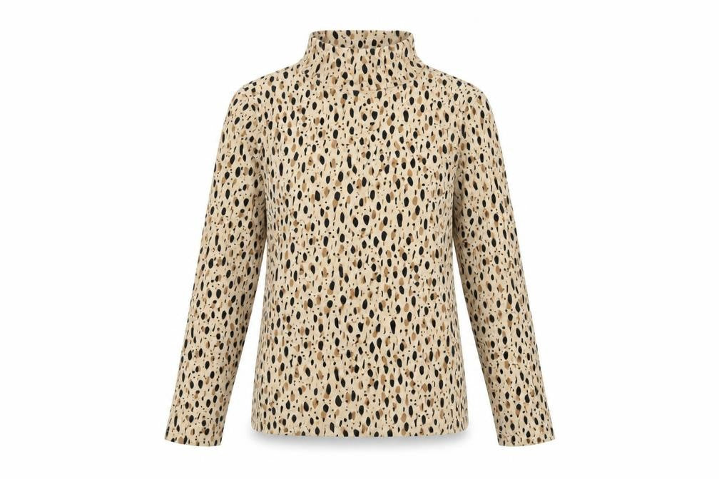 Front view of Monki women’s beige geometric cotton basic t-shirt, size S, mock neck