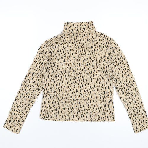 Monki Womens Beige Geometric Cotton Basic T-Shirt Size S Mock Neck