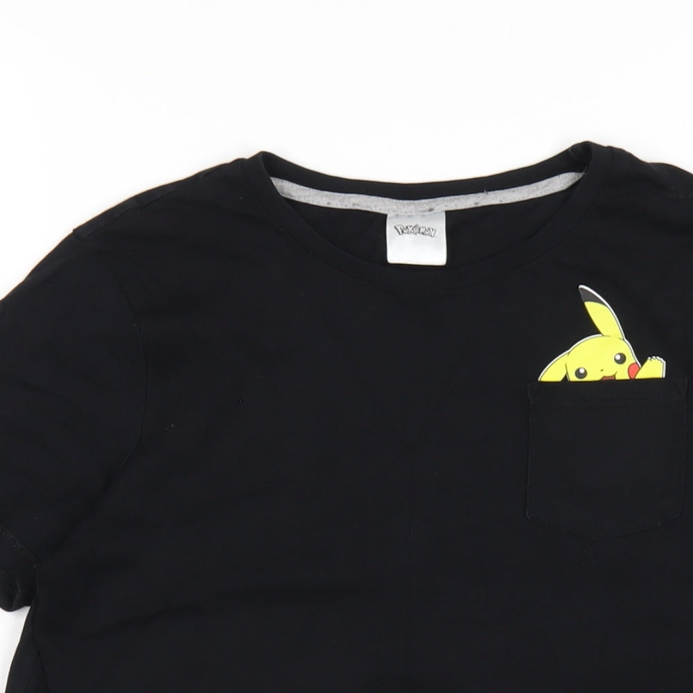 Pokemon Boys Black Cotton Basic T-Shirt Size 13-14 Years Round Neck Pullover - Pikachu