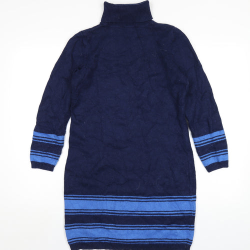 Crew Clothing Womens Blue Striped Viscose Jumper Dress Size 10 Roll Neck Pullover