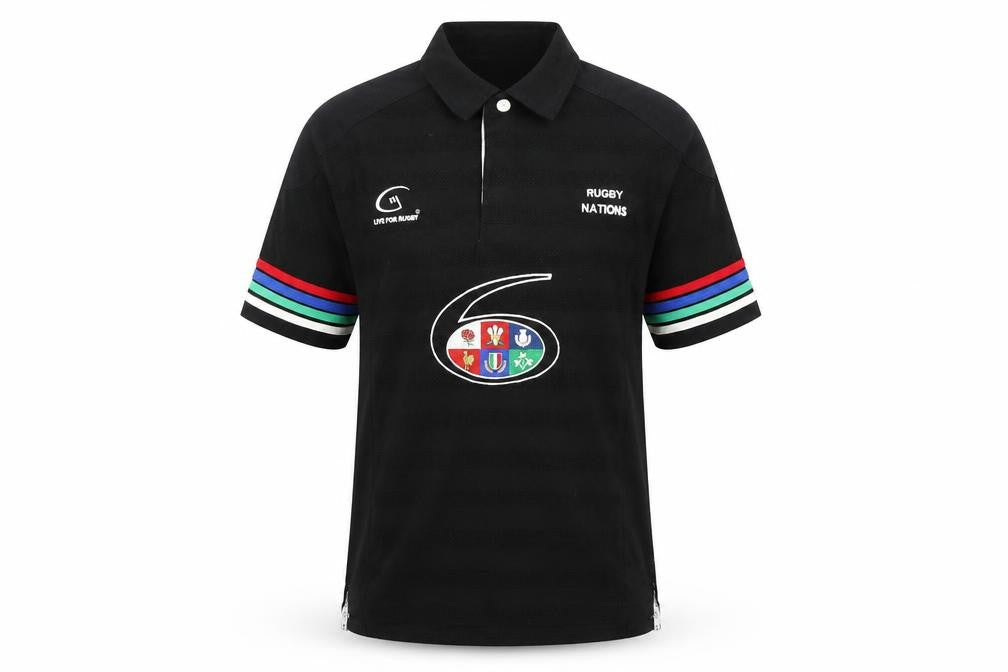 Front view of Live for Rugby boys’ black cotton basic polo, size 9-10, years collared button - rugby nations