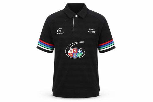 Front view of Live for Rugby boys’ black cotton basic polo, size 9-10, years collared button - rugby nations
