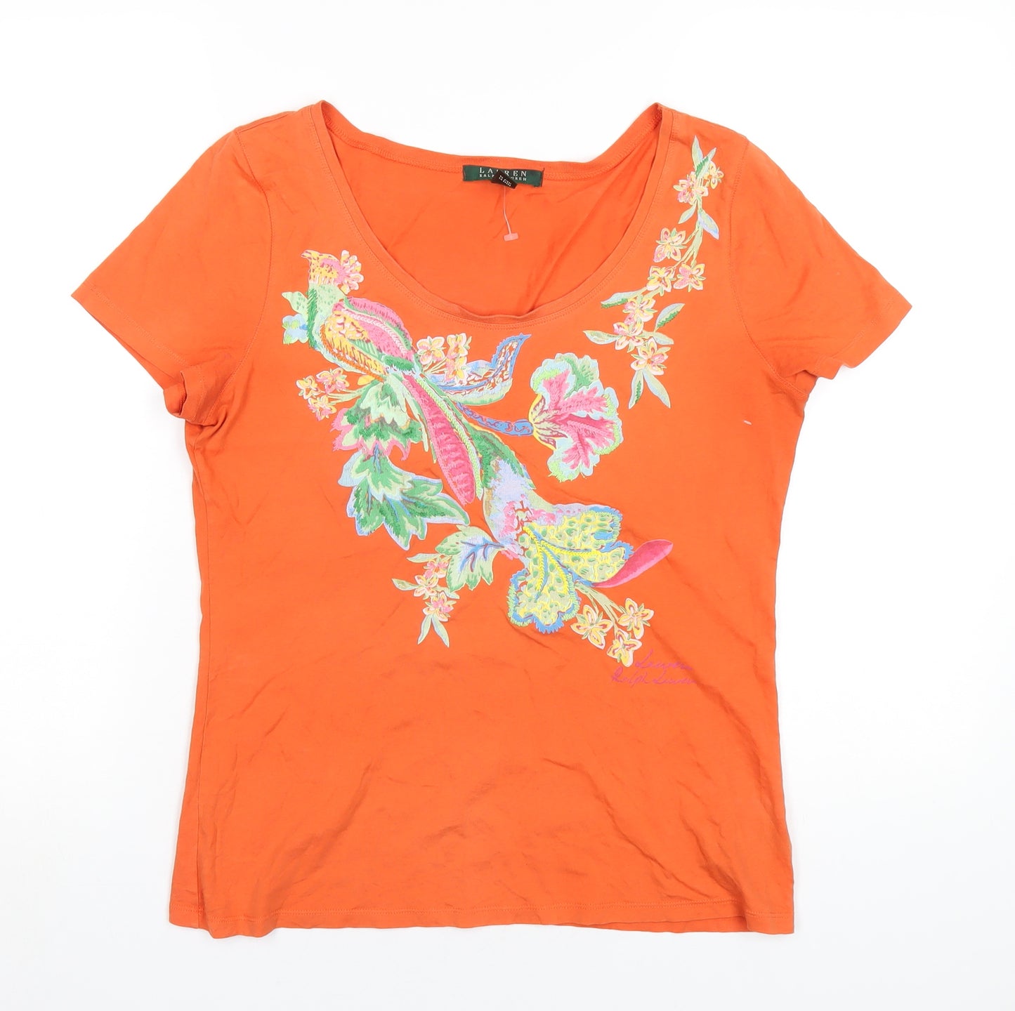 Lauren Ralph Lauren Womens Orange Cotton Basic T-Shirt Size M V-Neck - Flower Embroidery