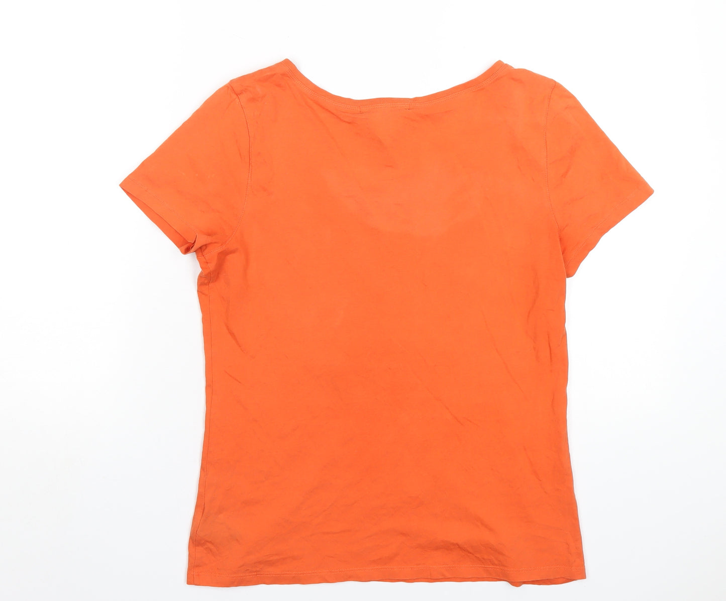 Lauren Ralph Lauren Womens Orange Cotton Basic T-Shirt Size M V-Neck - Flower Embroidery