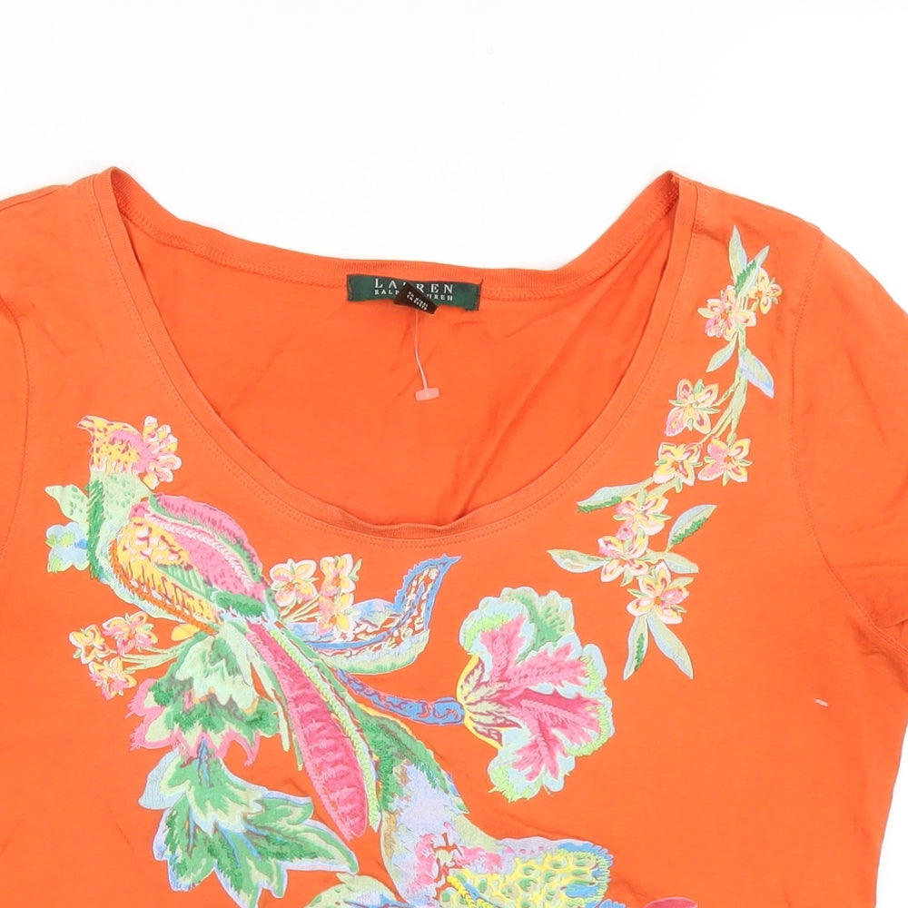 Lauren Ralph Lauren Womens Orange Cotton Basic T-Shirt Size M V-Neck - Flower Embroidery