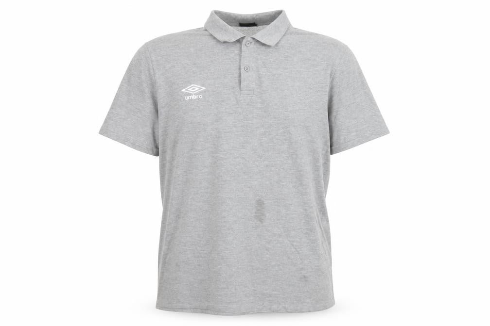 Front view of Umbro men’s grey cotton polo, size XL, collared button