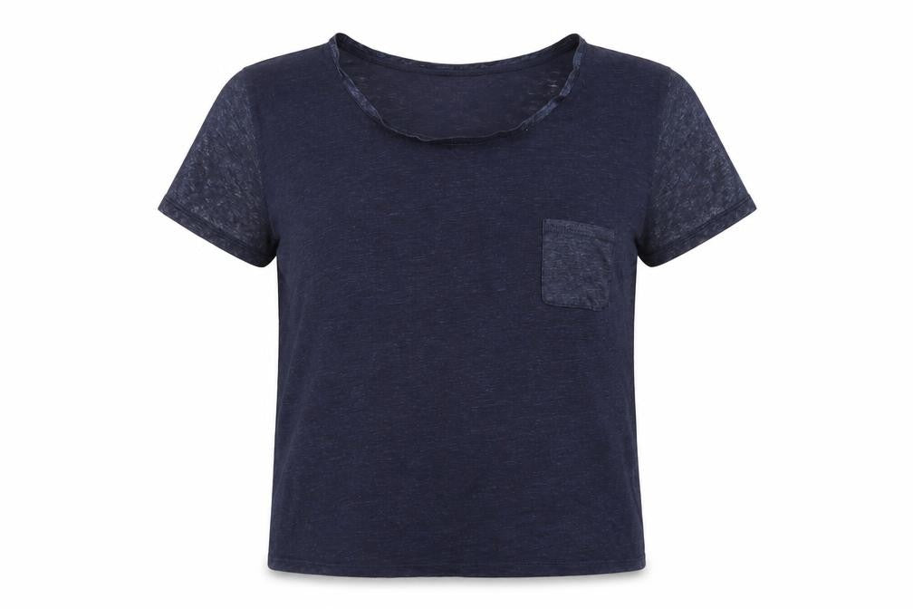 Front view of Marie + Sixtine women’s blue linen basic t-shirt, size XS, round neck