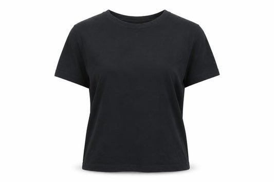 Front view of Collusion women’s black cotton basic t-shirt, size UK 12, round neck