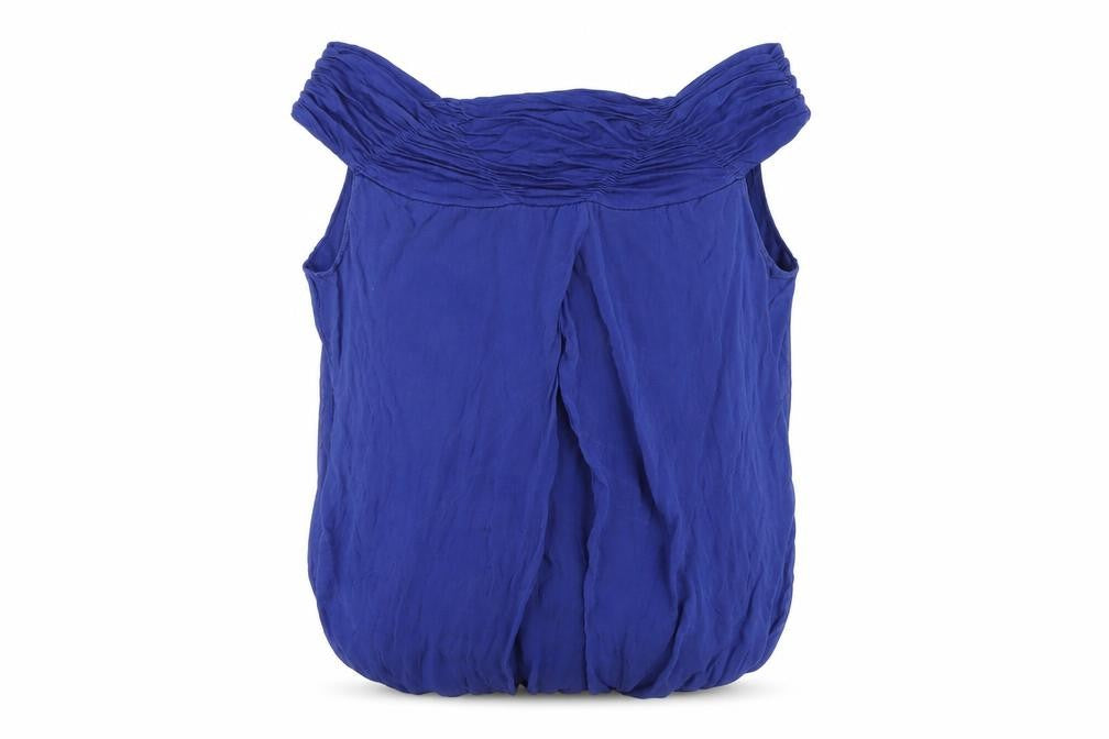 Front view of Phase Eight women’s blue viscose basic blouse, size M, boat neck