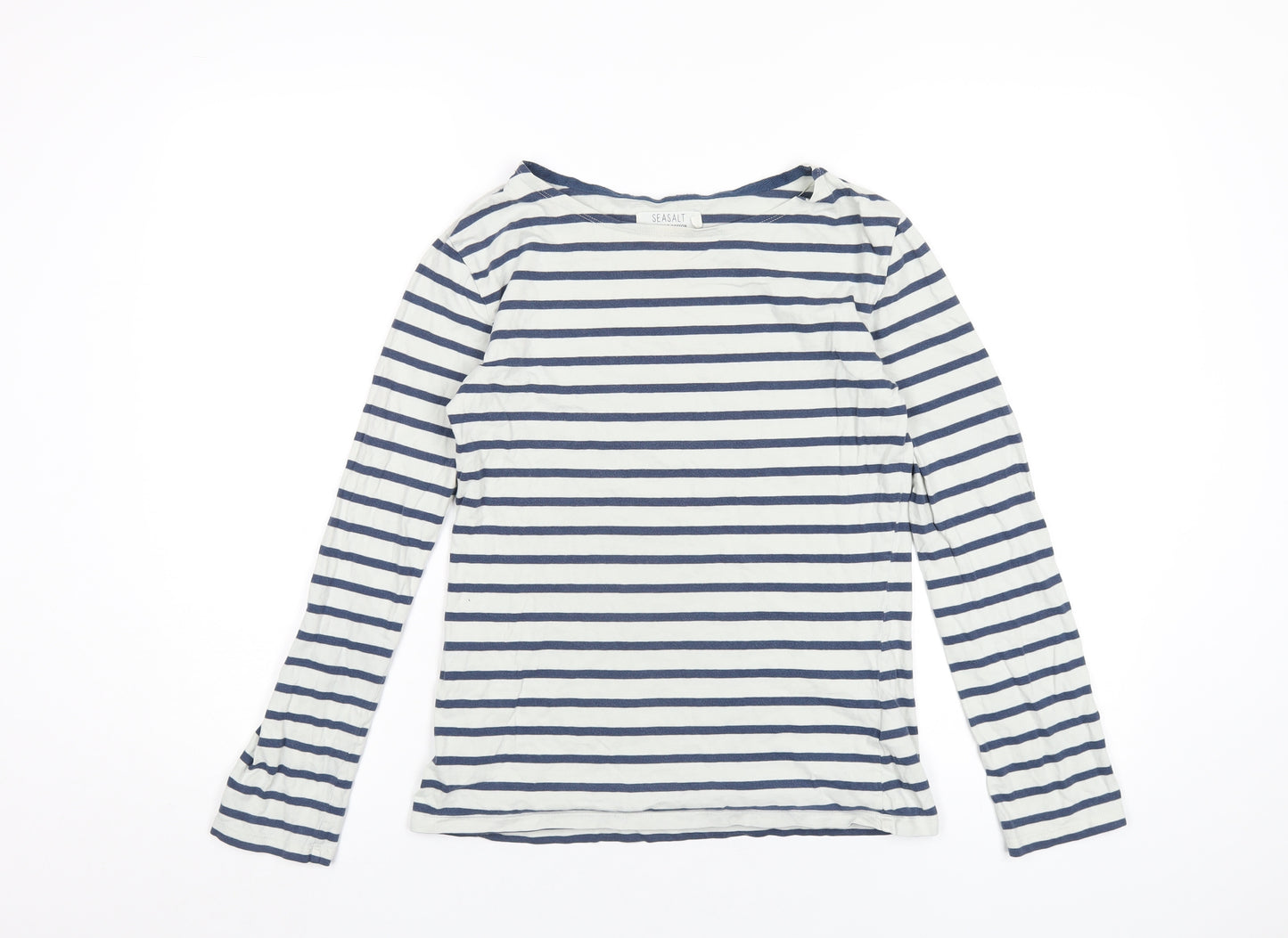 Seasalt Womens White Striped Cotton Basic T-Shirt Size 8 Round Neck