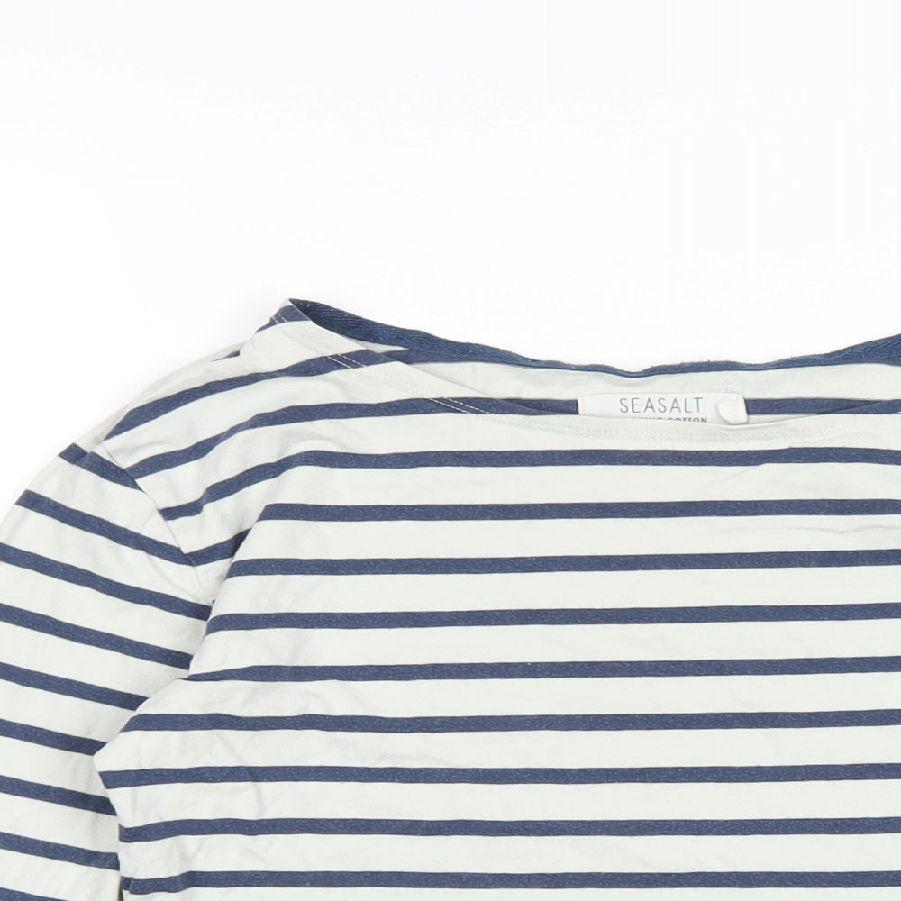 Seasalt Womens White Striped Cotton Basic T-Shirt Size 8 Round Neck