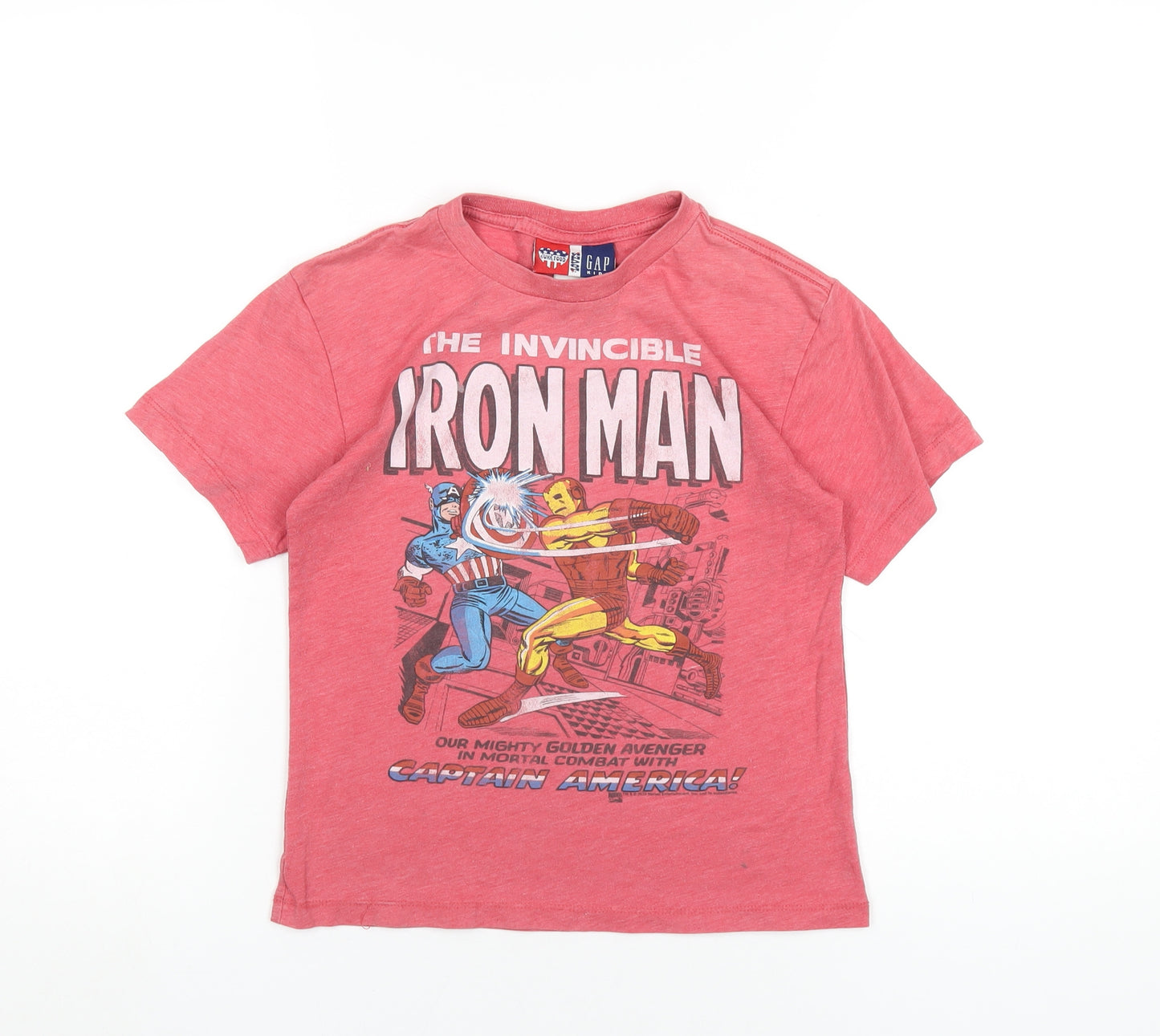 Gap Boys Red Cotton Basic T-Shirt Size 6-7 Years Round Neck Pullover - Iron Man Captain America