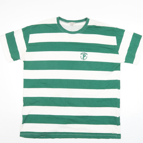 Pull&Bear Mens Green Striped Cotton T-Shirt Size XL Round Neck
