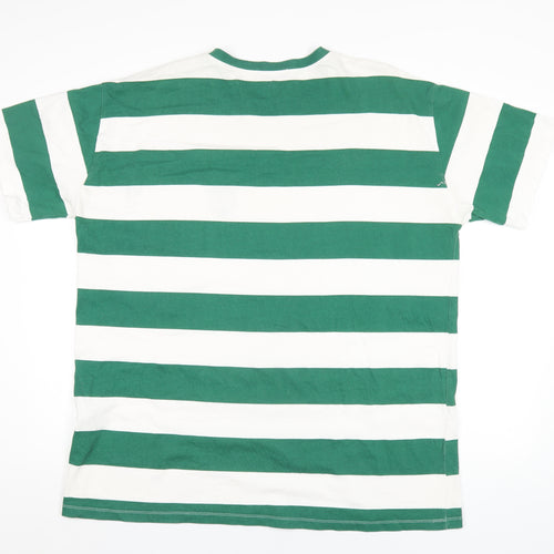 Pull&Bear Mens Green Striped Cotton T-Shirt Size XL Round Neck