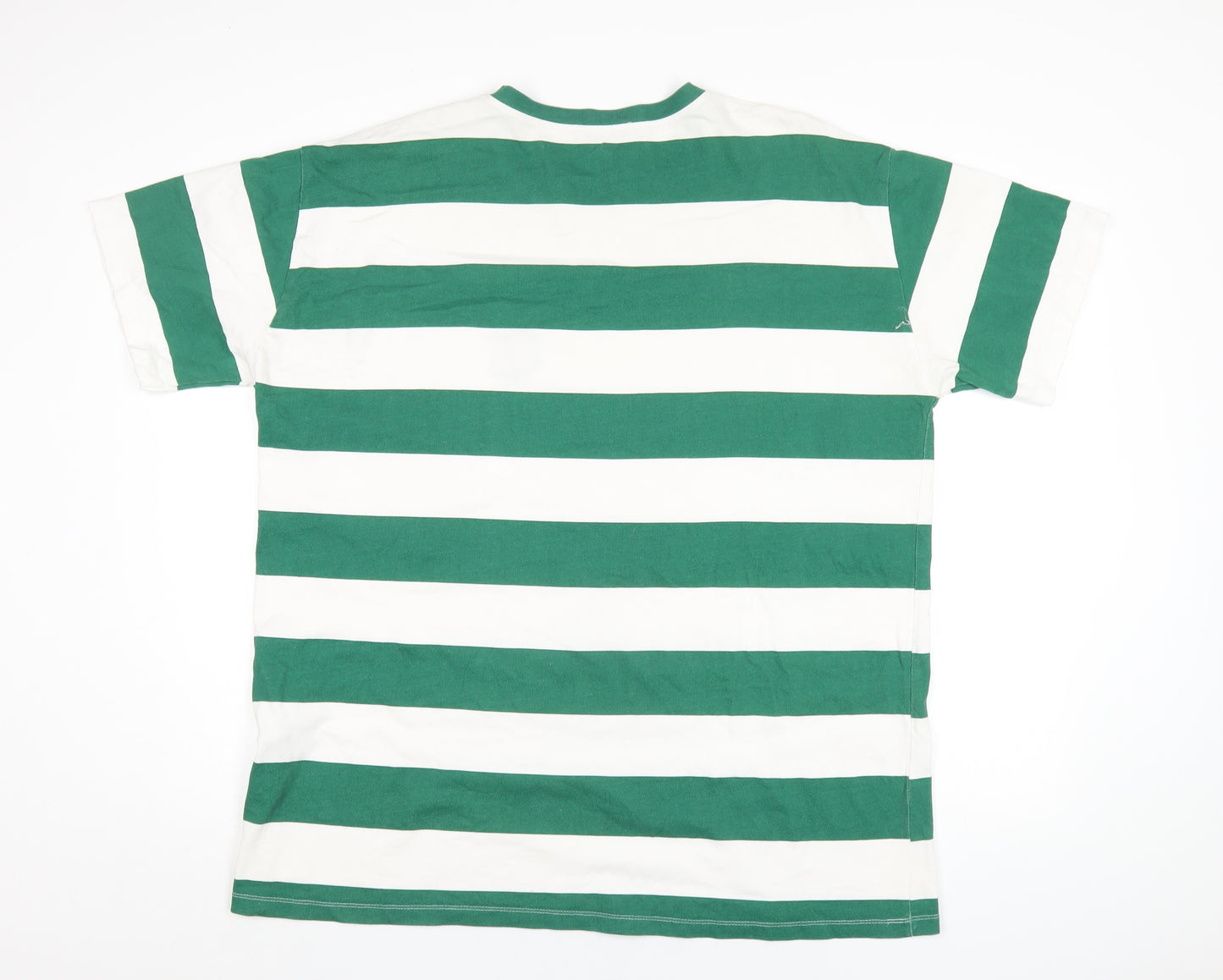 Pull&Bear Mens Green Striped Cotton T-Shirt Size XL Round Neck